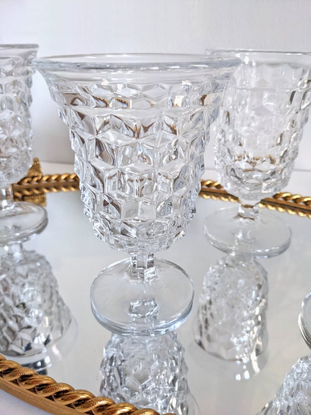 4 Vintage Diamond Point Cut Glass Footed Stemmed Ice Tea Glasses Set
